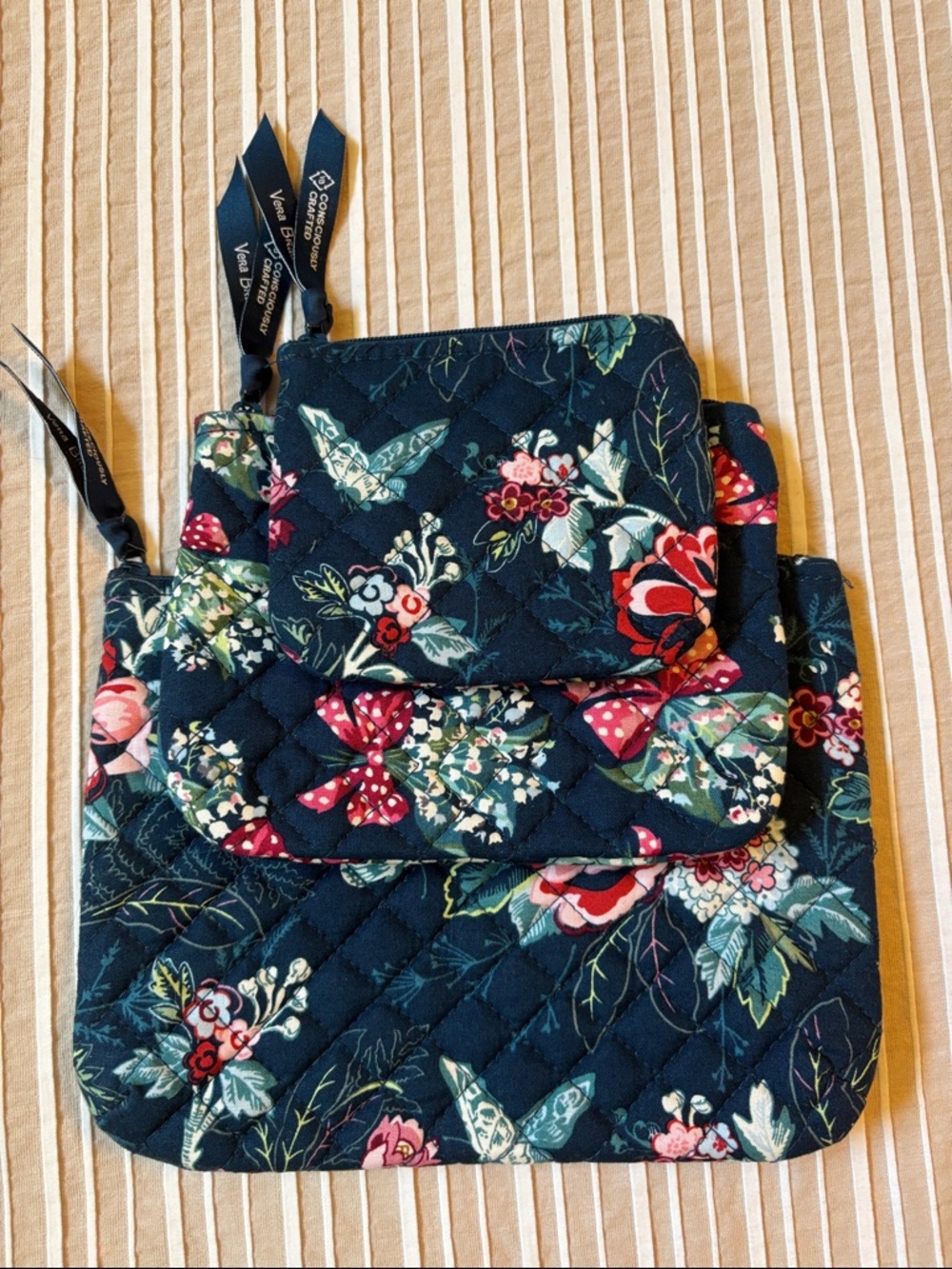 Vera Bradley Navy Quilted Floral Zip Pouch Trio